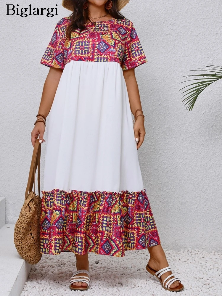 

Plus Size Summer long Dress Women Print Patchwork Fashion Ruffle Pleated Ladies Dresses Casual Loose Short Sleeve Woman Dress