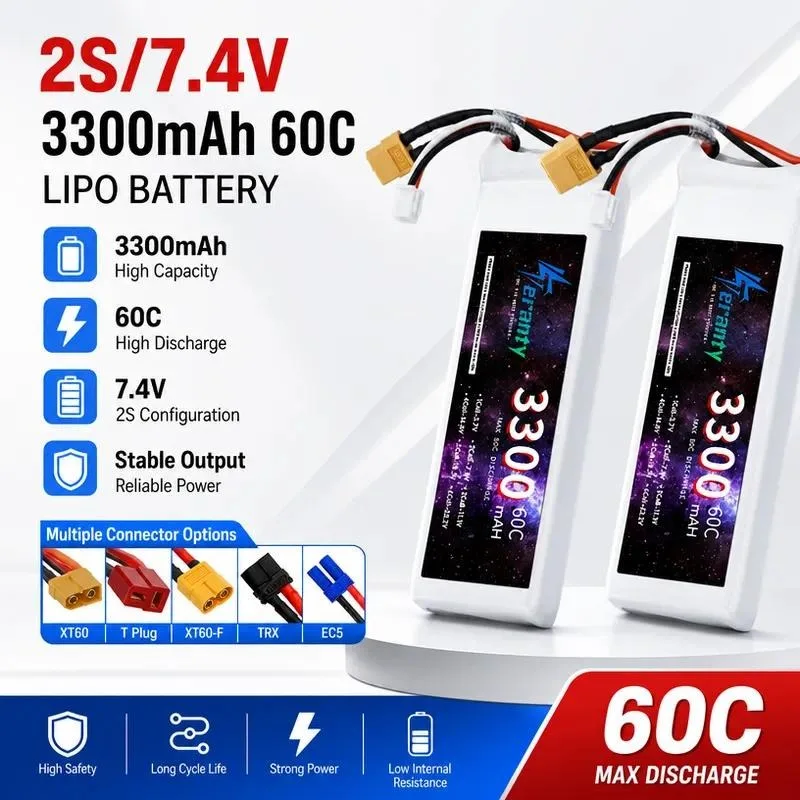 for Model Aircraft Drone RC Vehicle Boat Battery 3300mAh 2S 7.4V 60C Rechargeable LiPo Battery