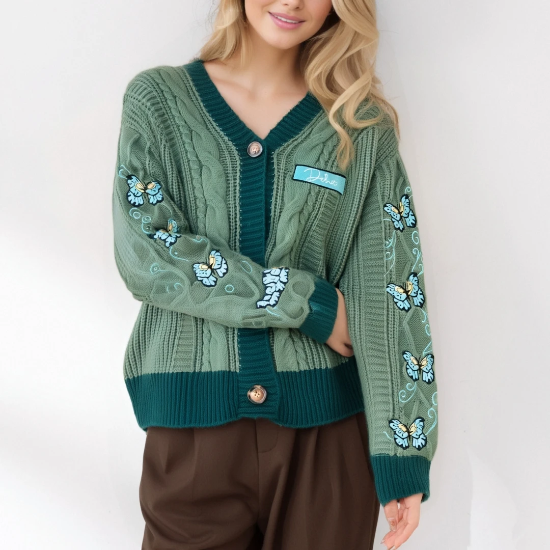 

2025 Spring Women Butterfly Embroidery Oversized Dark Green Knitted Cardigan Winter and Autumn Y2k Keep Warm Female Cardigans