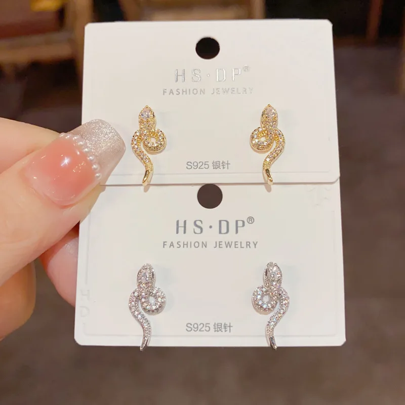 S925 Silver Needle Full Zircon Snake Ear Studs Women's Design Retro Luxury High-end Versatile Earrings