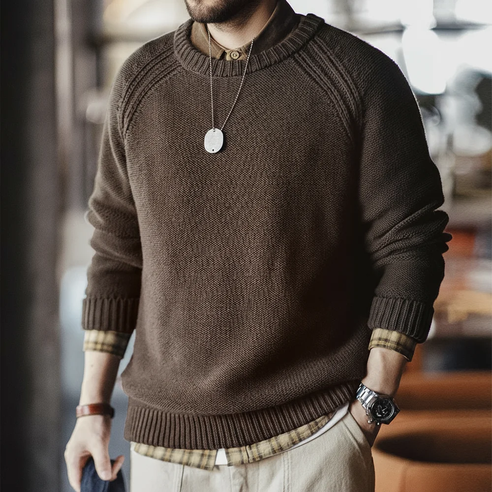 

2026 New Vintage Heavyweight Knitted Crew-neck Sweater Brown Warm Pullover Men's Versatile Top for Autumn and Winter Knitwear