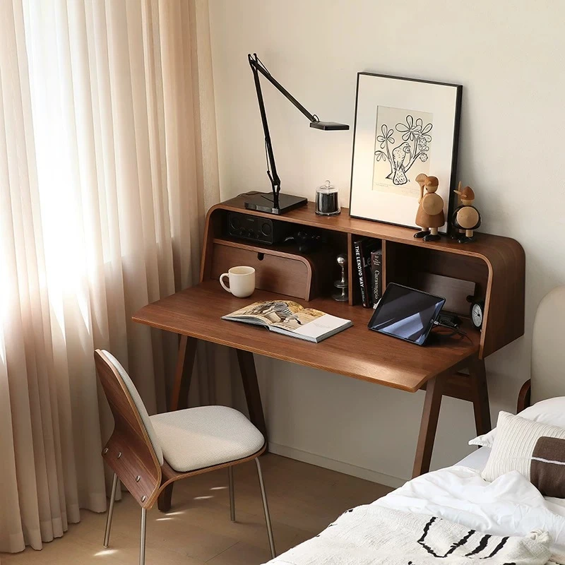 

Nordic curved wood black walnut desk desk with socket
