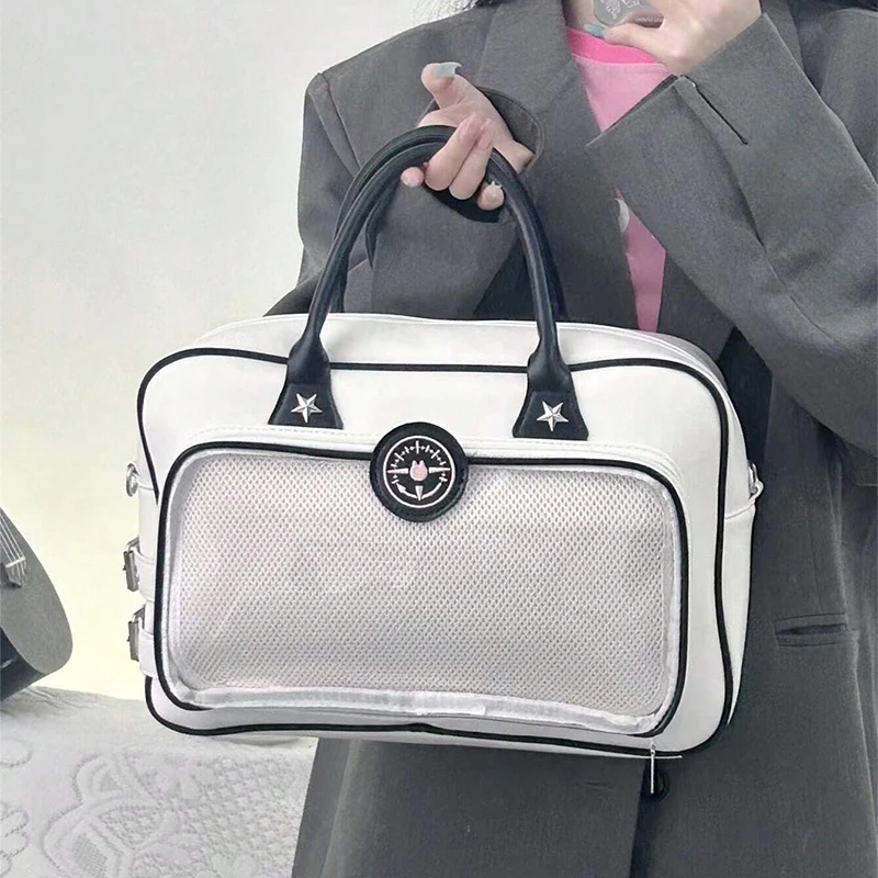 Japanese Large Capacity Transparent Itabag Pu Leather Girls Jk School Uniform Handbag White Double Layer Zipper Shoulder Bag