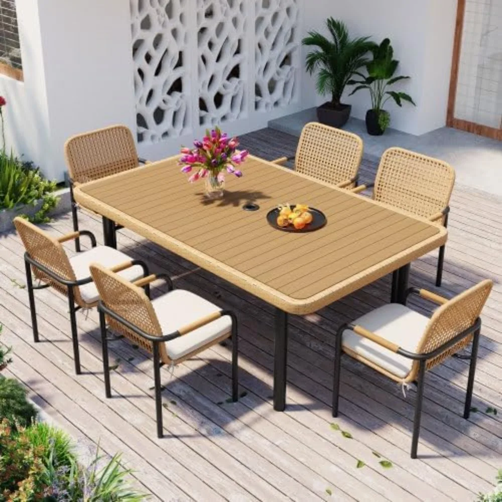 

7-Piece Patio Dining Table Sets,Outdoor Dining Set for 6,Patio Table and Chairs Set with Umbrella Hole,Outdoor Wicker Furniture