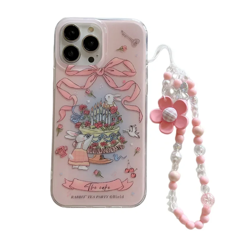 Ins Bow Cake Bunny Phone Case for IPhone 15 14 Plus 14 13 12 11 Pro Max with Chain Silicon Clear Cute Protective Cover