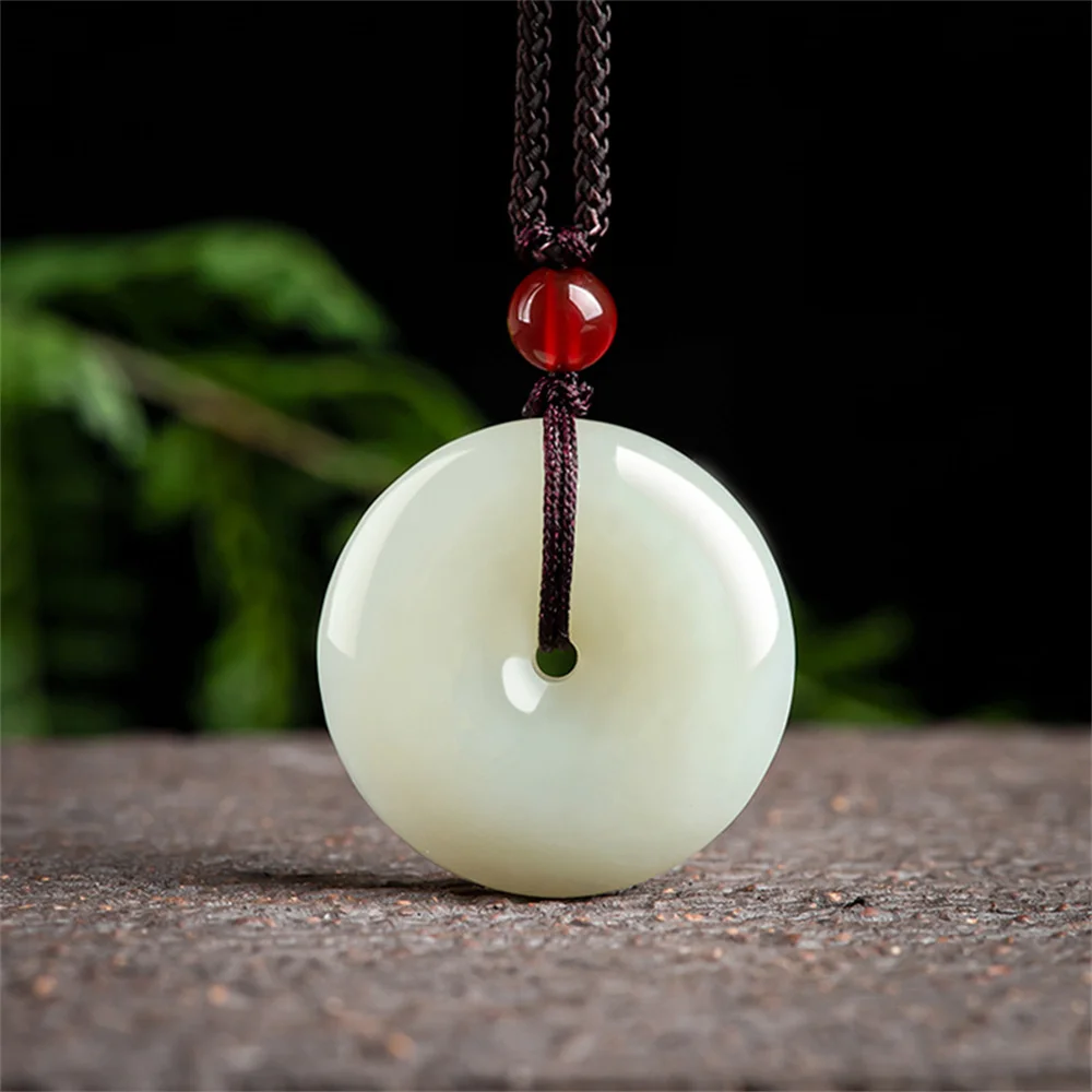 Vintage Natural  White HeTian Jade Carved Round Harmony Buckle Lucky Pendant Amulet Necklace Certificate Luxury Jade Jewelry