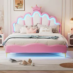 Letto matrimoniale piatto 140x200 cm, letto principessa a forma di corona, rivestimento morbido in pelle PU, struttura letto per bambini per ragazza