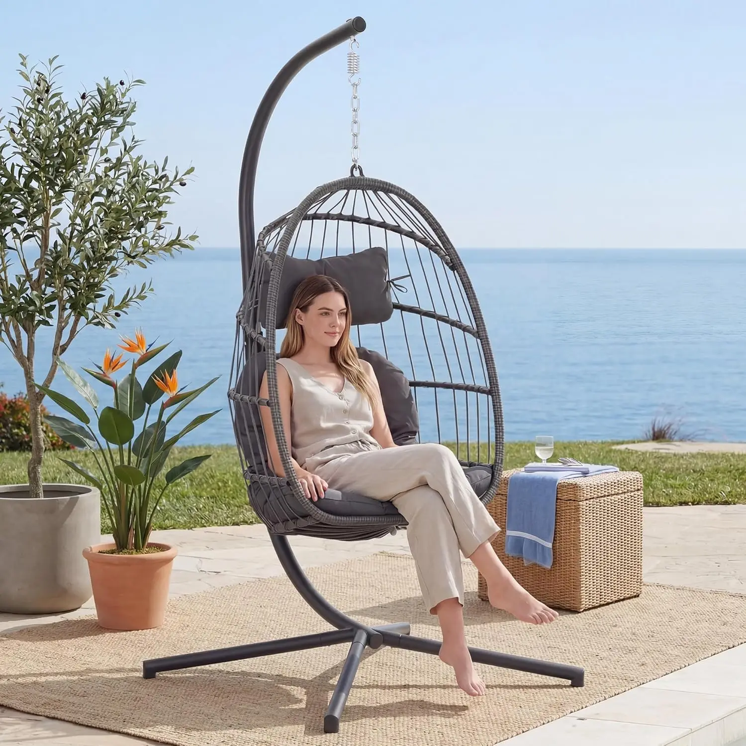 Indoor Outdoor Egg Hanging Chair with Stand, Charcoal Grey