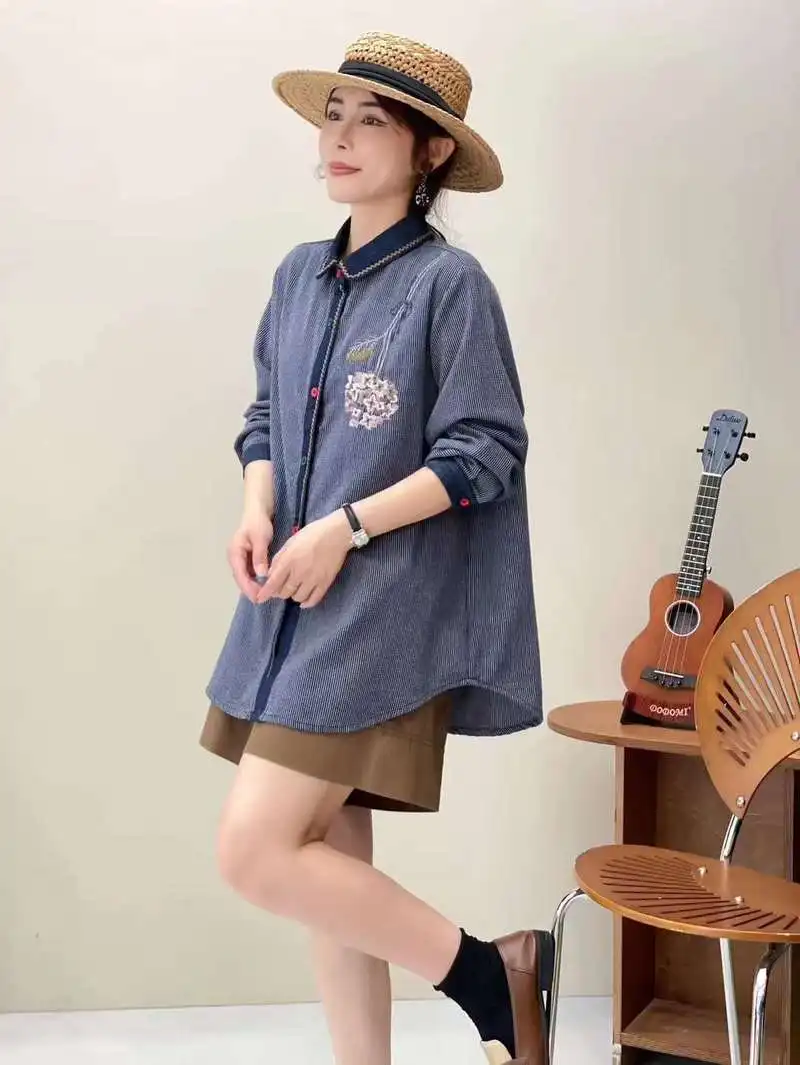 New Summer Cotton Long Sleeve Shirt, Women Lapel Embroidery Striped Top, Mori Girl Casual Vintage Loose Blouses, Autumn T47977QC