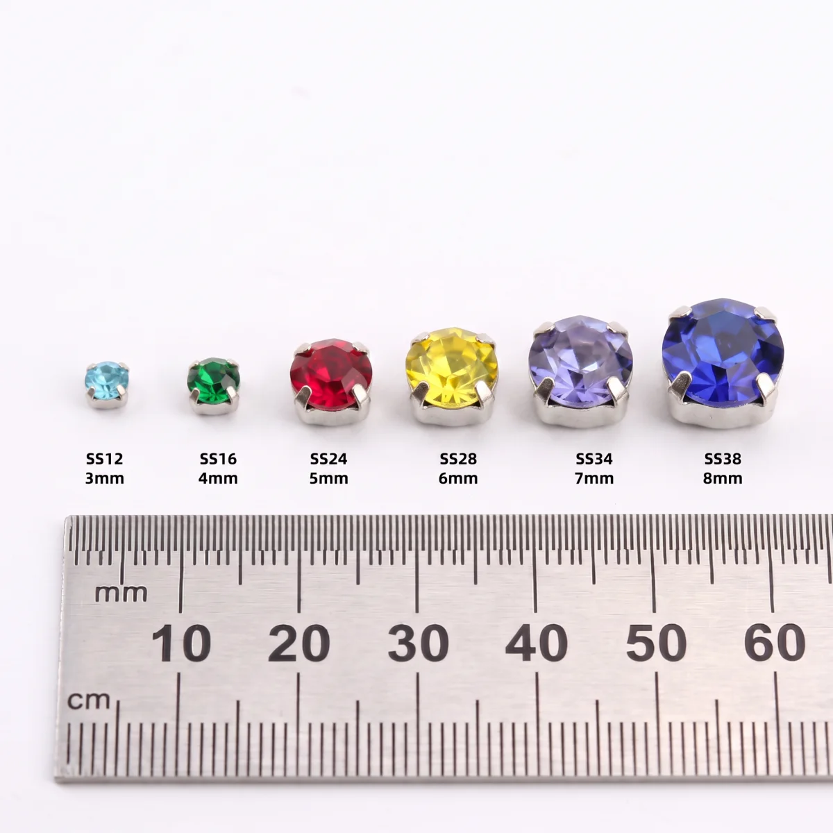Bunte Glaskristall-Silberkrallenfassung 3mm 4mm 5mm 6mm 7mm 8mm Schöne Farben Aufnähbare Strassperlen für Taschen, Hochzeitskleider, DIY – Detail 1