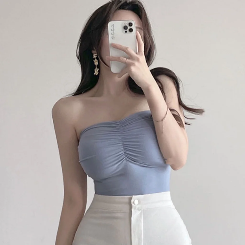 Dongda Gate Sexy Ruffle Detail Elastic Strap Tube Top Women's Fashion Show Body Shape Korean Style Short Length Slim Fit