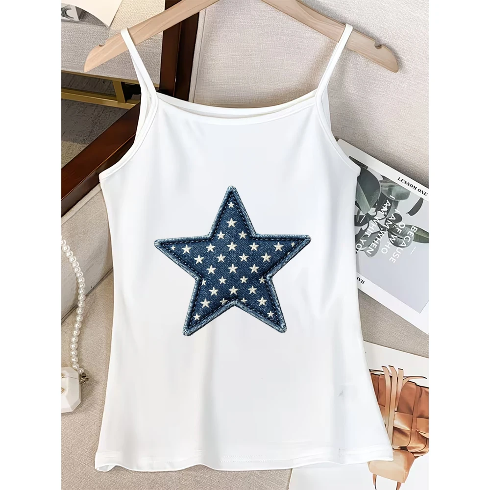 Women Denim Star Patch Camisole Summer Y2K Blue Star Print Tank Top Cute Sleeveless Vest Streetwear Crop Top Fashion