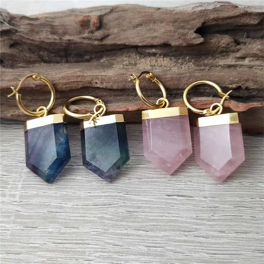 

FUWO Wholesale Shield Shape Natural Crystal Earrings,Golden Plated Fluorite/Amazonite Jewelry For Women 5Pairs/Lot ER425