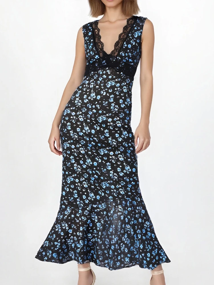 Vestidos femininos verão novo sexy renda com decote em v sem costas floral maxi vestido moda impressão rendas feminino casual vestidos finos roupas