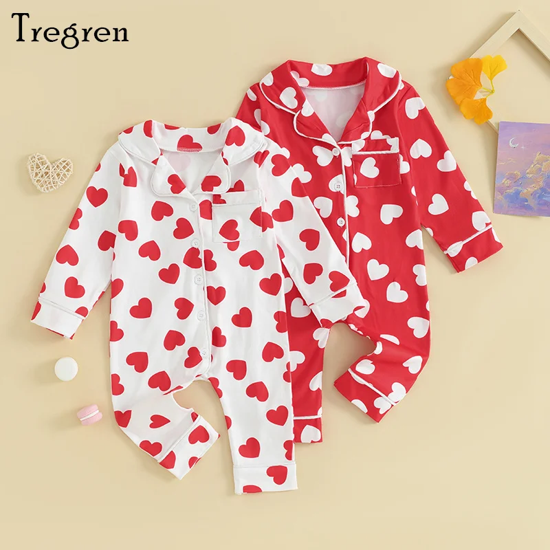 

Tregren 0-24M Baby Boys Girls Pajamas Jumpsuits Long Sleeve Lapel Collar Heart Print Button Up Rompers Newborn Infant Clothes