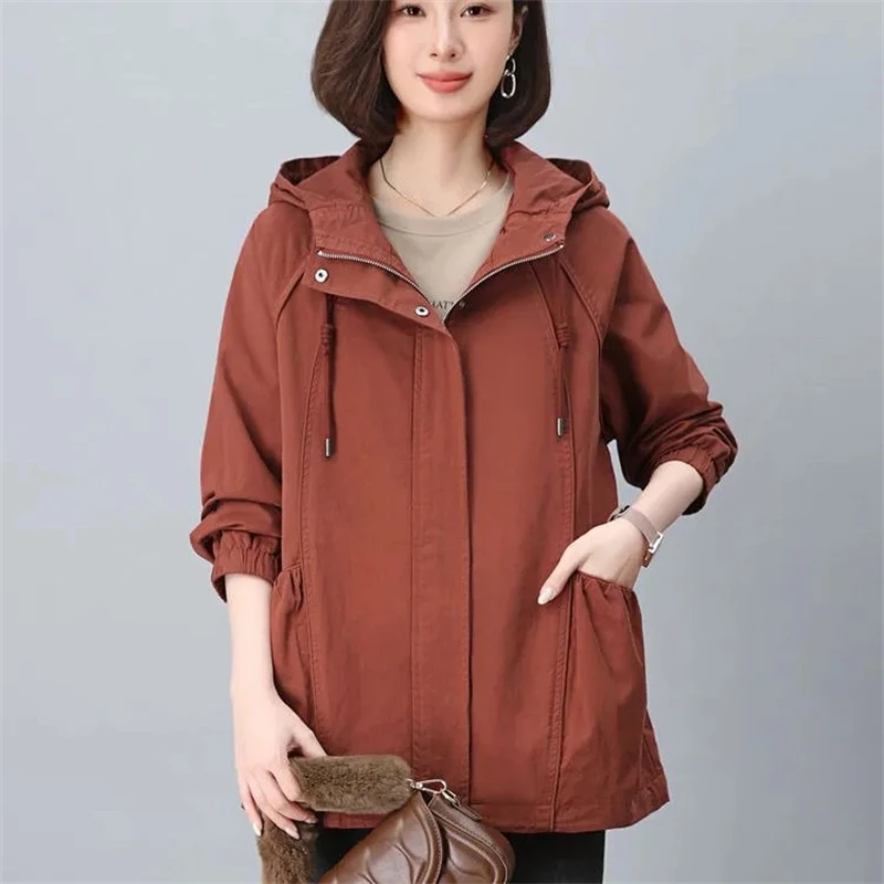 2025ฤดูใบไม้ผลิฤดูใบไม้ร่วงใหม่กลางความยาวTrench Coatsหลวมสบายๆผู้หญิงWindbreakerแขนยาวกระเป๋าHoodedแจ็คเก็ตแนวโน้ม