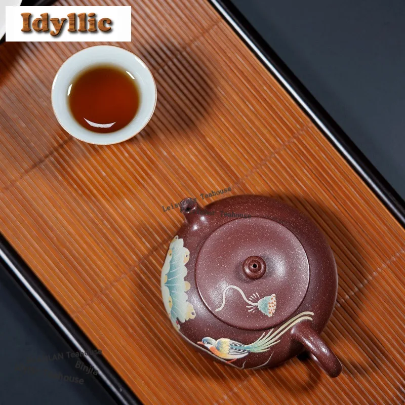150ml Elegant Yixing Purple Clay Teapots Handmade Drawing Lotus Leaf Han Jiang Pot Raw Ore Purple Mud Kettle Zisha Tea Set Gifts