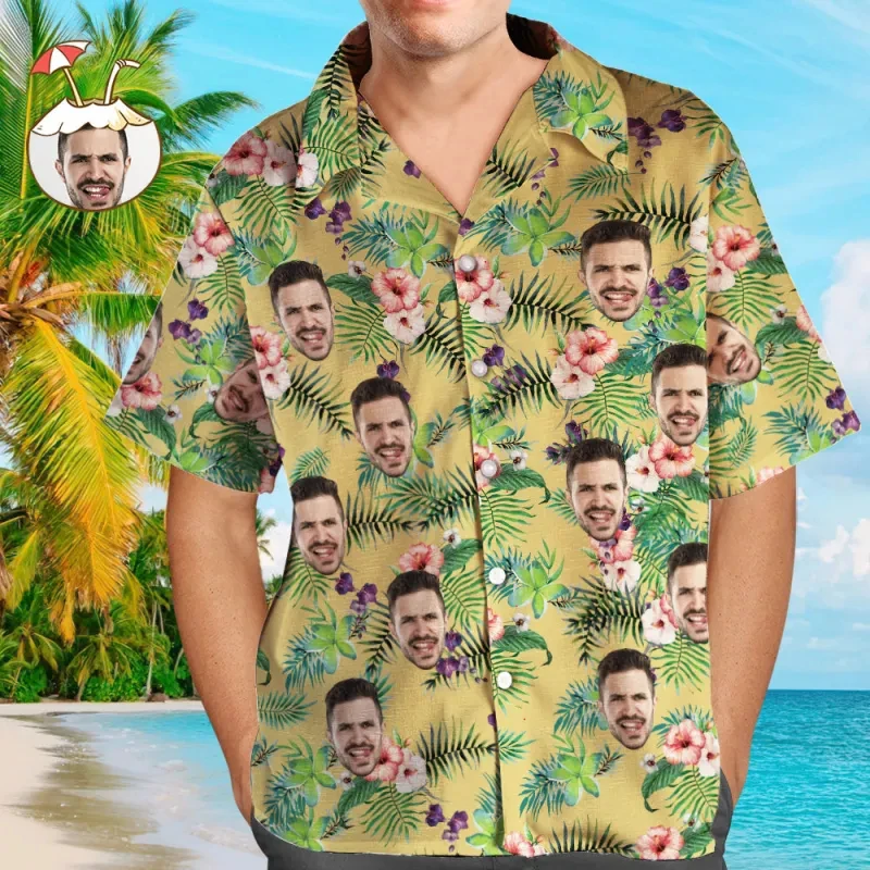 

Personalized Face Party Hawaiian Shirt Customized Photo Print Blue Cocktail And Hibiscus Pattern Aloha Shirt Button Up Blouses
