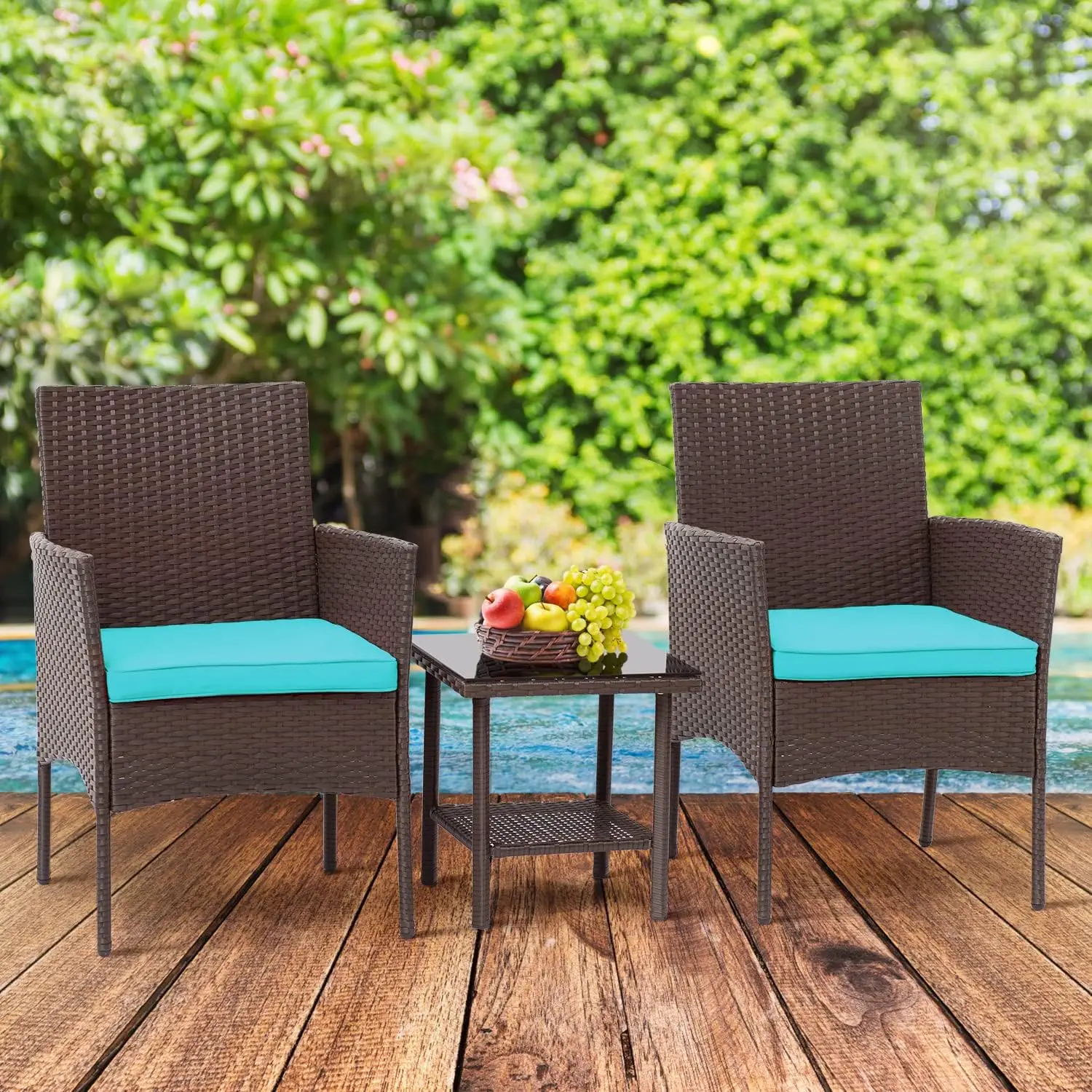 Outdoor Rieten Bistro Rotan Stoel Gesprek Sets Met Salontafel Voor Tuin Achtertuin Gazon Veranda Zwembad Balkon, Zwart