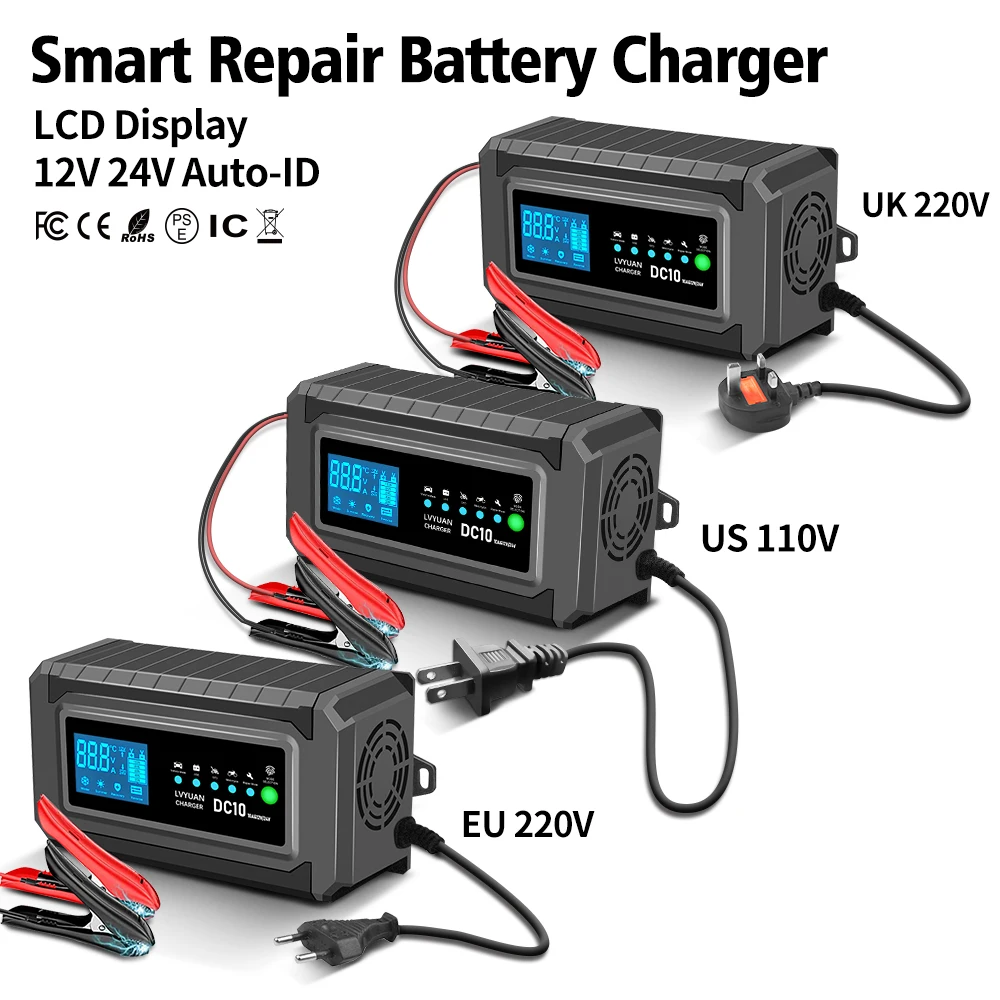 12V/24V Intelligent Car Battery Charger AC100V 110V 220V 230V Automatic Smart Fast Charging Wet Dry Lead Acid Gel AGM Battery