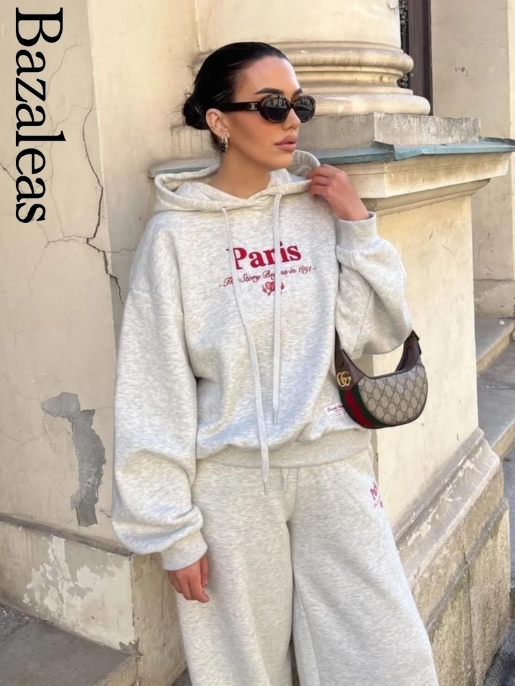 Bazara 2024 Women Loose Sweatshirt Traf Store Punk Hoodies  Casual Lady Pullover With Hat Y2K Letter Red Paris Embroidery Grey