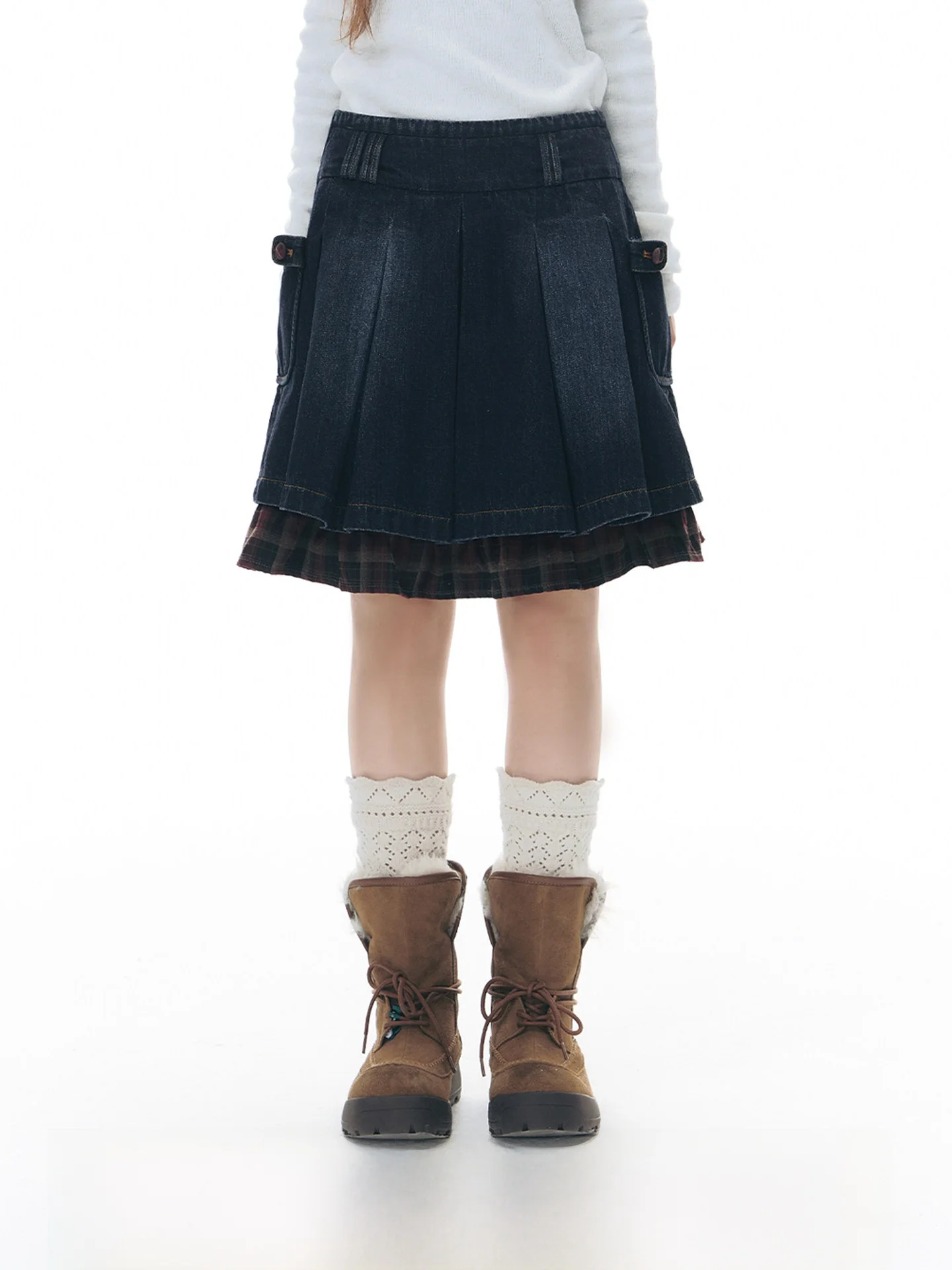 

NAPSNAPS Original Patchwork Red Grid Denim Skirt Women's Spring New Wide Waist Design Half Skirt Pleated Skirt Cotton Casual