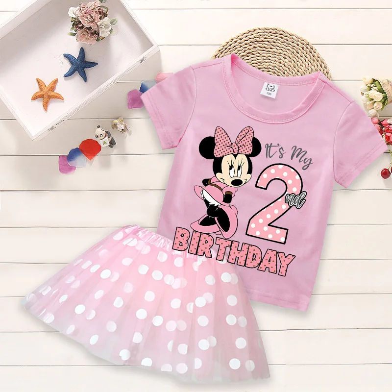 T-shirt con numeri di compleanno di Minnie Mouse + gonna corta Set di vestiti per ragazza Disney Anime Figure manica corta + gonna in filato T-shirt abito Kawaii