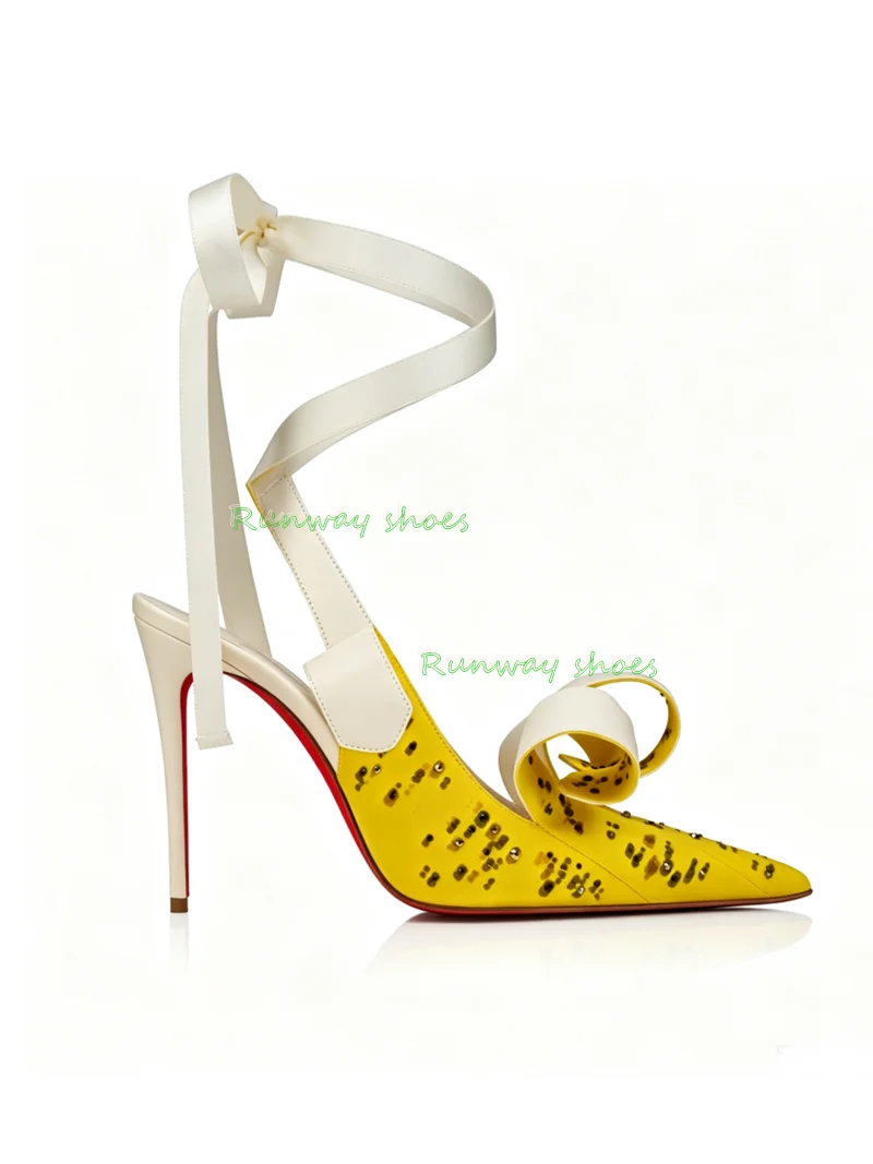 French Bright Yellow Pointed Stiletto Heels Banana Form Women's Shoes Silk Fabric Ankle Wrap Straps Banquet Women's Shoes 2026