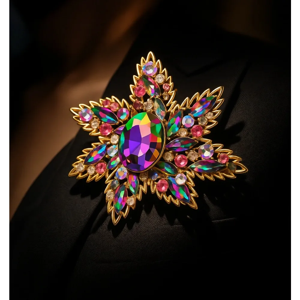 Broche de Flor con Cristales de Imitación Vintage, Tono Dorado Grande para Mujer