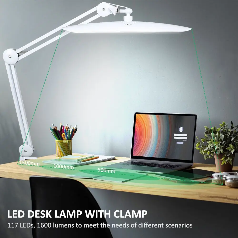 LED Task Desk Lamp 19 Inches Metal Swing Arm Eye-Caring Lash Extensions Lamp 117PCS LEDs for Nail Crafts Reading Head Work Lamp