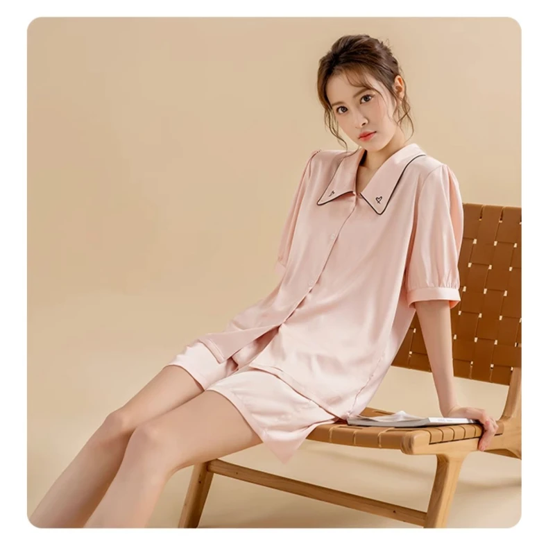 

Home Wear Women's Short-Sleeved Single-Breasted Solid Color Skin-Friendly Outer Wear Embroidery Simple Casual Spring and Summer