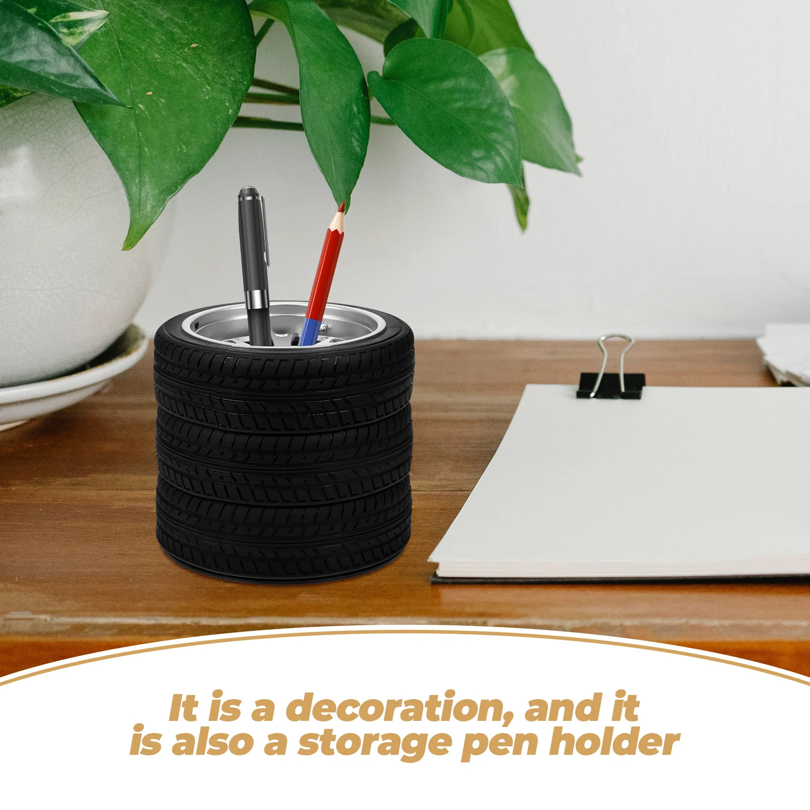

Simulated Tire Pen Holder Black Desktop Stationery Storage Office Supplies Stylish Pencil Home Decor Gift