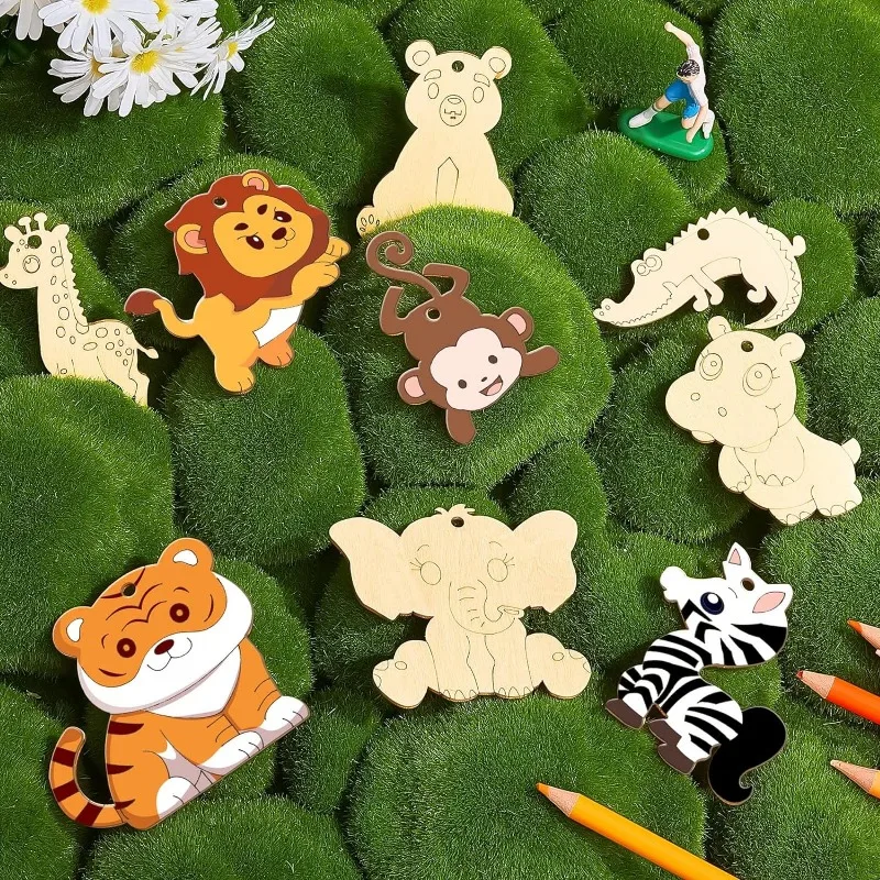 9pcs Mix Unfinished Wood Animal Jungle Cutouts Jungle Animal Crafts Wooden Shapes Crocodile Lion Monkey Elephant Tiger Giraffe