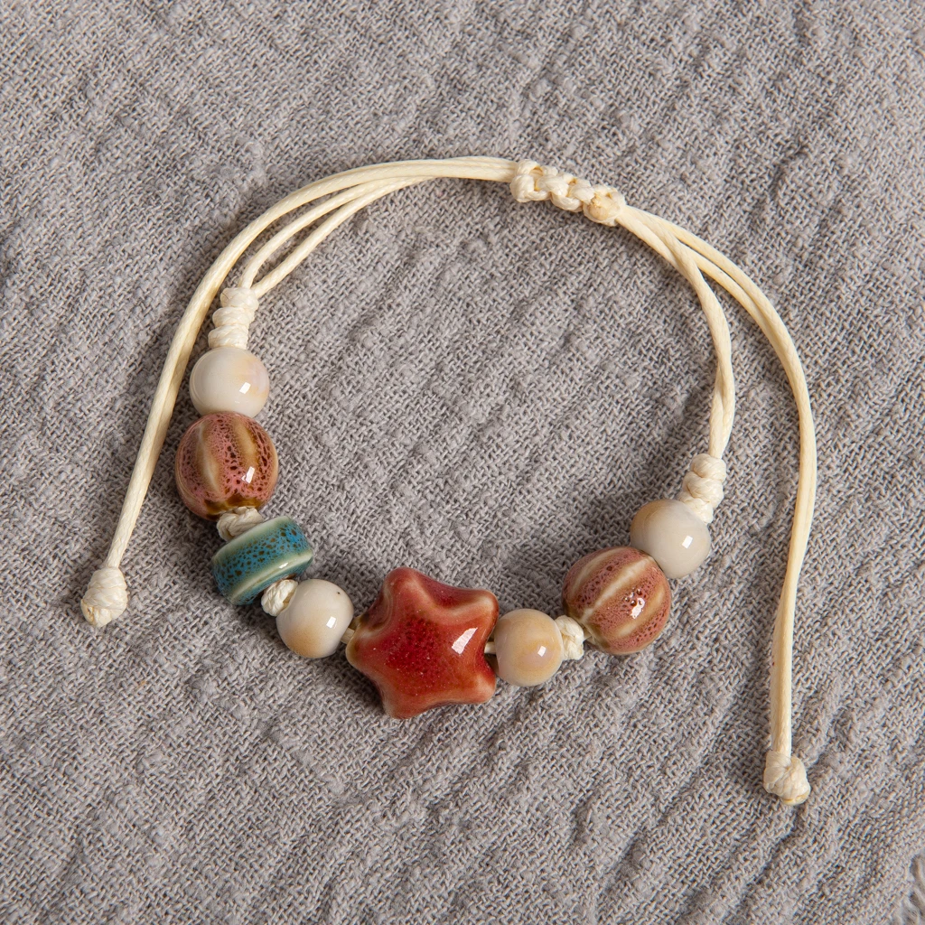 Verstellbares handgefertigtes Keramik-Armband mit Pfirsich-Stern- und Melonenperlen, mehrfarbige Wachsschnur, gewebter Schmuck, Boho-Stil, Geschenk für Paare und