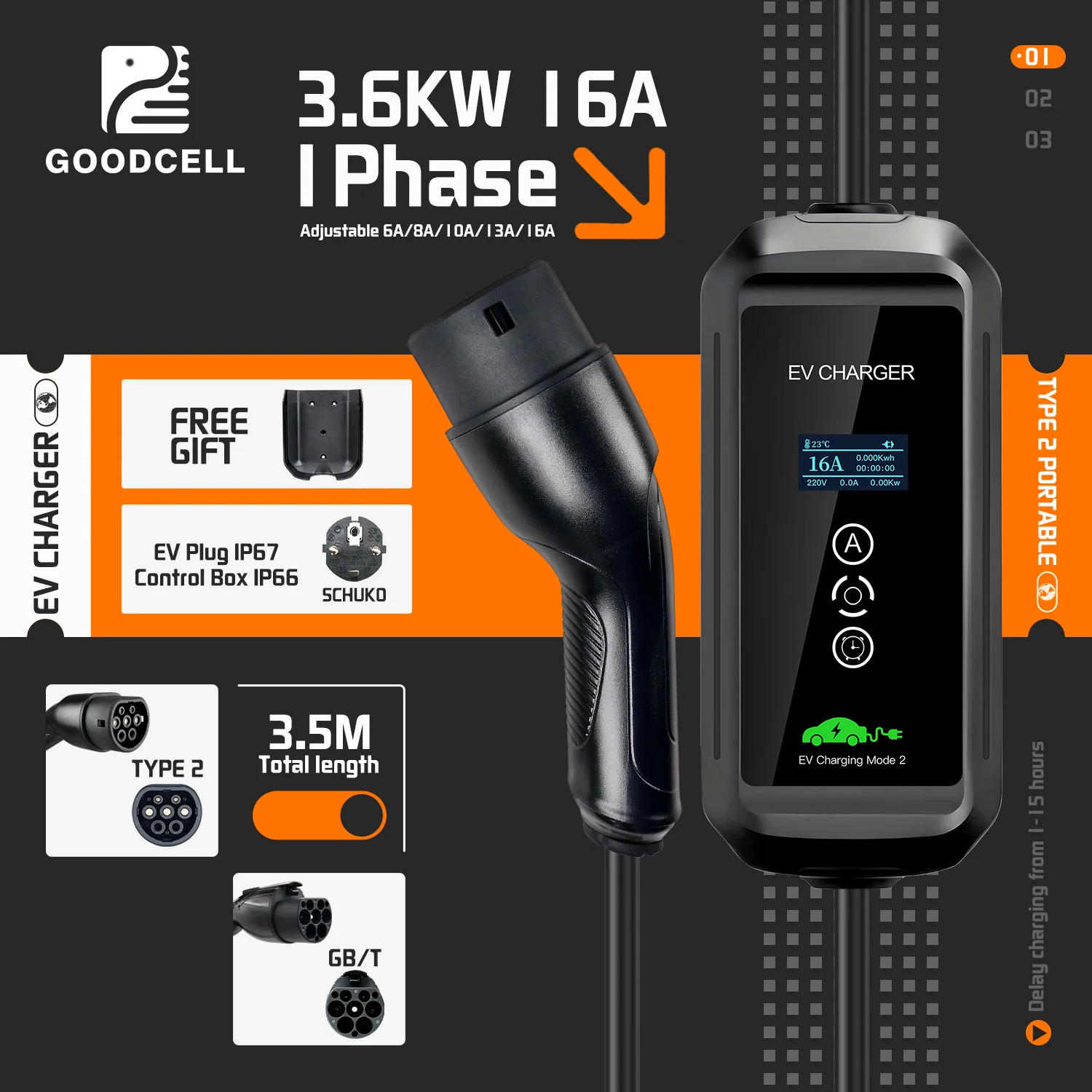 

Зарядное устройство Goodcell 3,6 кВт, 16 А, тип 2/GBT, портативное домашнее зарядное устройство с кабелем 5 м для электромобилей и гибридных автомобилей