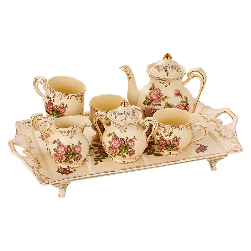 Ivory Porcelain Coffee Set Rose Flower Pattern 1 Pot 4 Cups 1 Sugar Bowl 1 Milk Jug and 1Tray Ceramic Coffee Cups for Home Party
