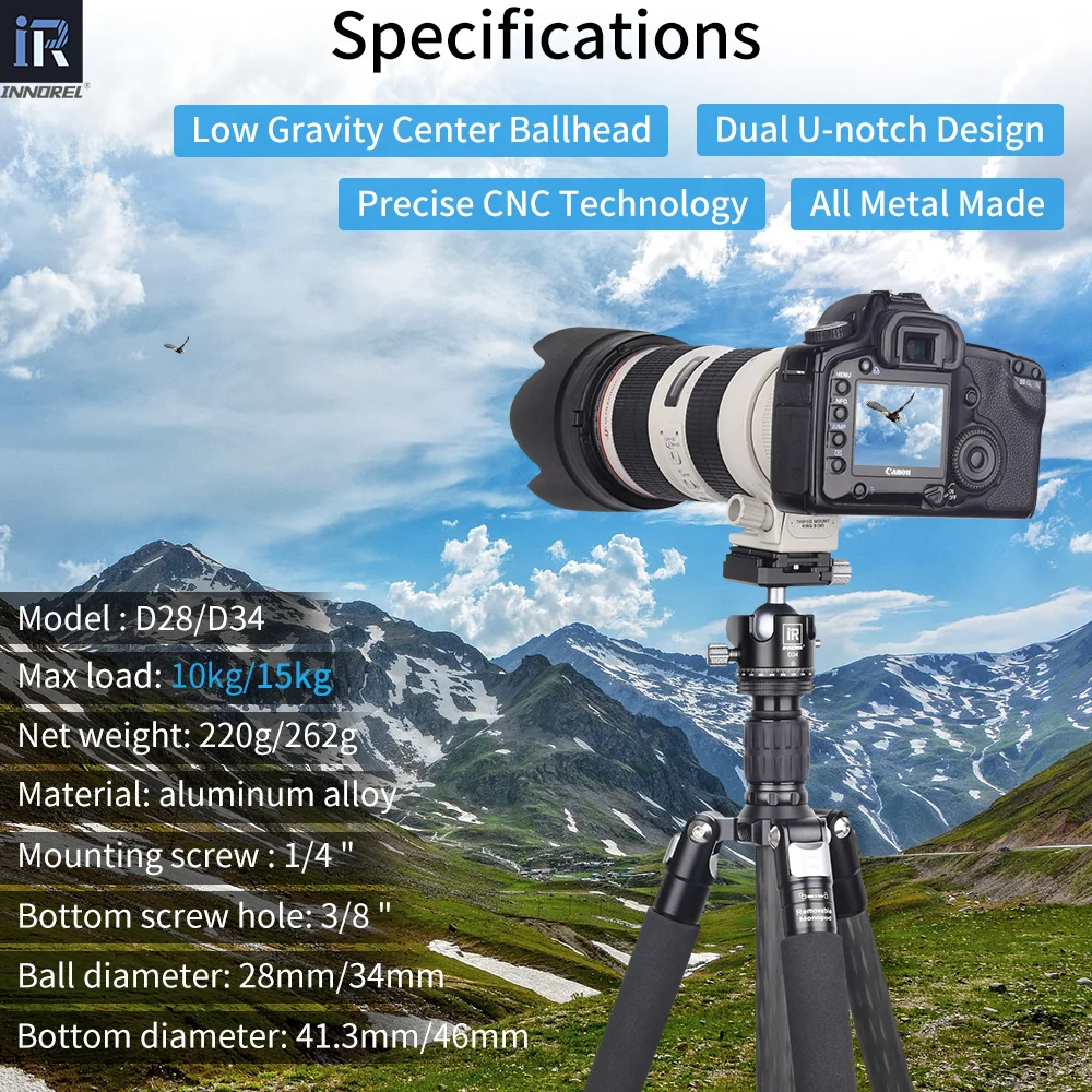 INNOREL Professional Tripod Ball Head Low Gravity Center 360 Panoramic CNC 28mm/34mm Ball for Tripod monopod Load 10kg/15kg