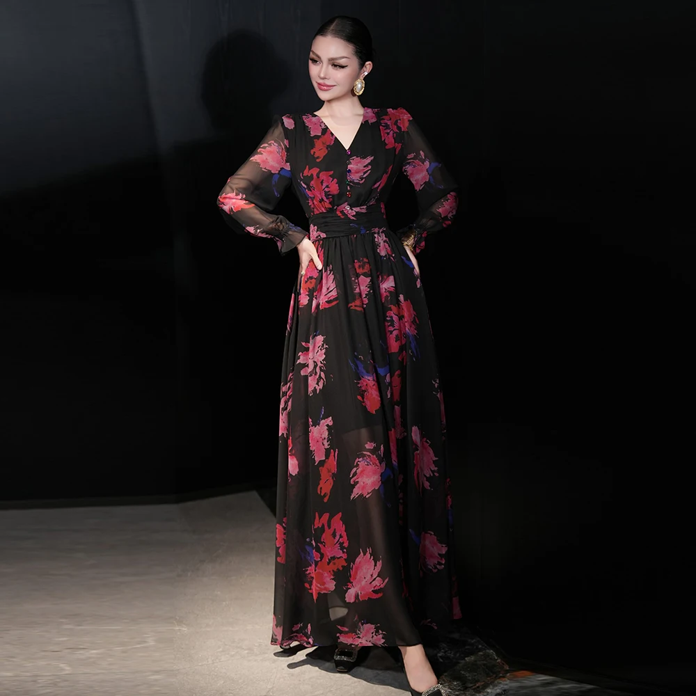 

ZJYT New 2026 Fashion Runway Long Maxi Dresses for Women Elegant Designer Full Sleeve V Neck Print Black Holiday Party Dress