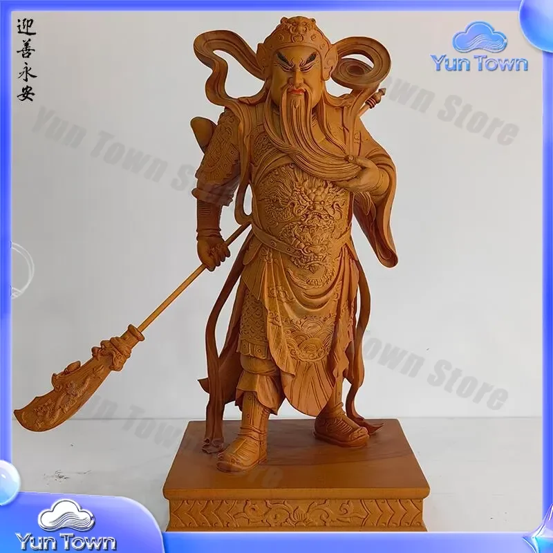 Handmade Wooden Guan Gong Statue for Home Decor Lacquered Gold Painting Martial God Fortune Ornament for Feng Shui Living