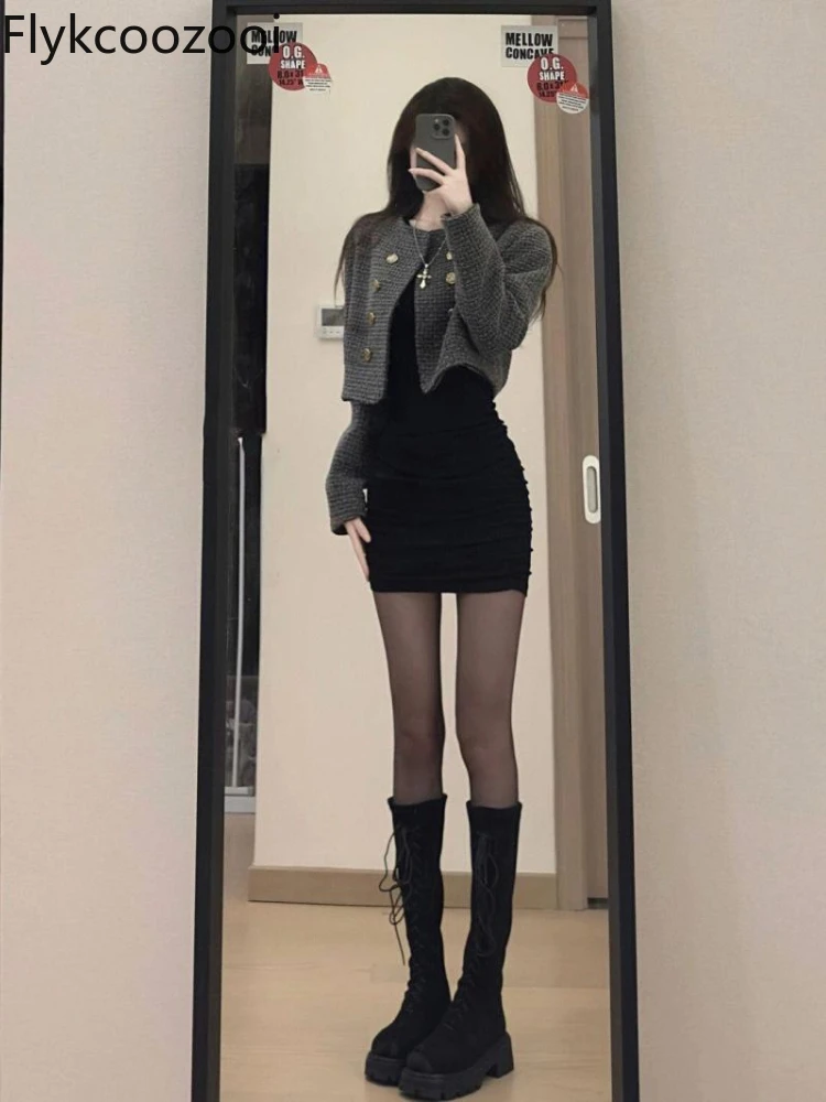 Slim Fit Conjuntos Feminino Elegante Women's New Autumn Style Sexy Wear A Set of French Short Coat Base Dress Two-piece Set