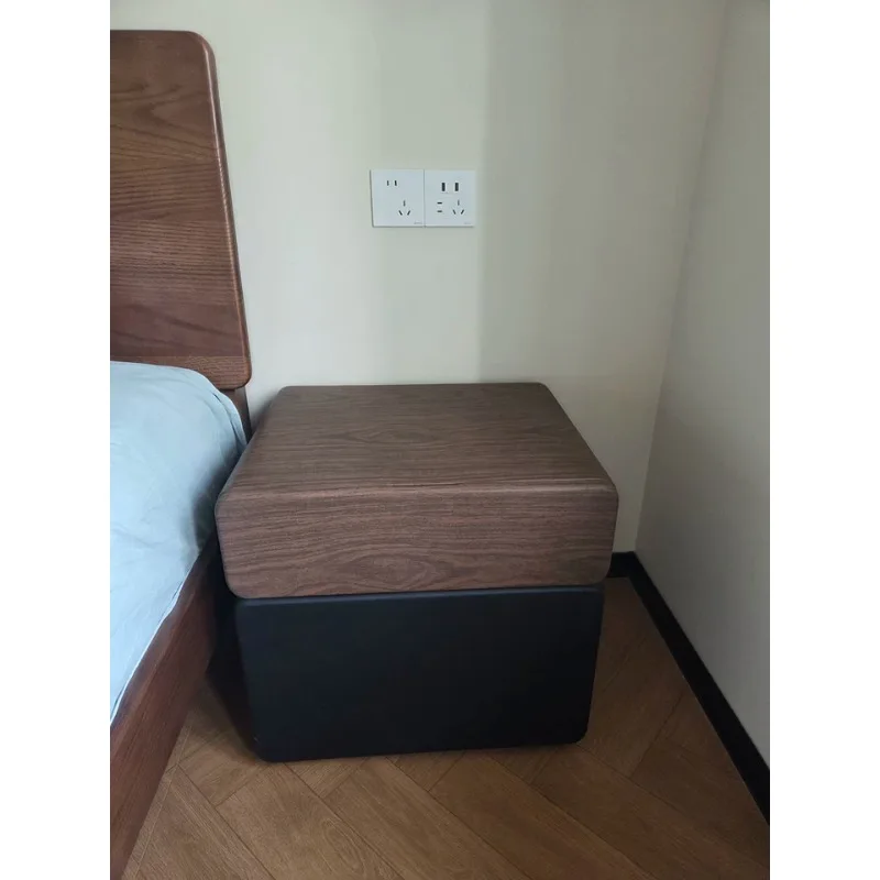 Vintage Wooden Nightstand Safe with Smart Fingerprint Lock, Mid-Century Compact Secure Storage Box for Bedroom, Home Office Desk