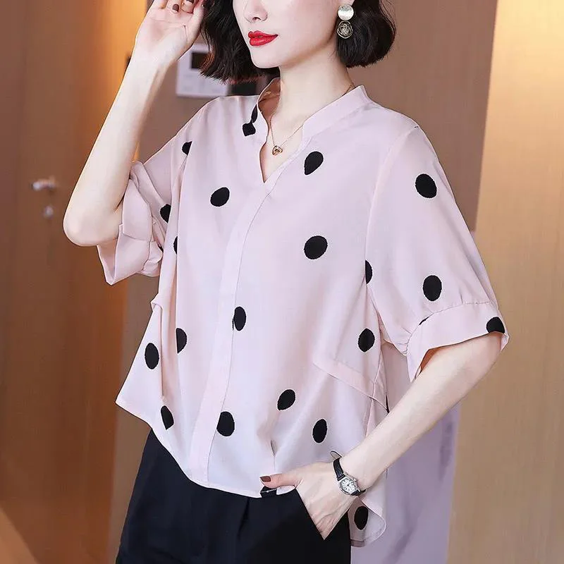 

Elegant V-Neck Loose Folds Polka Dot Blouse Women Clothing 2023 Summer New Oversized Casual Pullovers Asymmetrical Chiffon Shirt