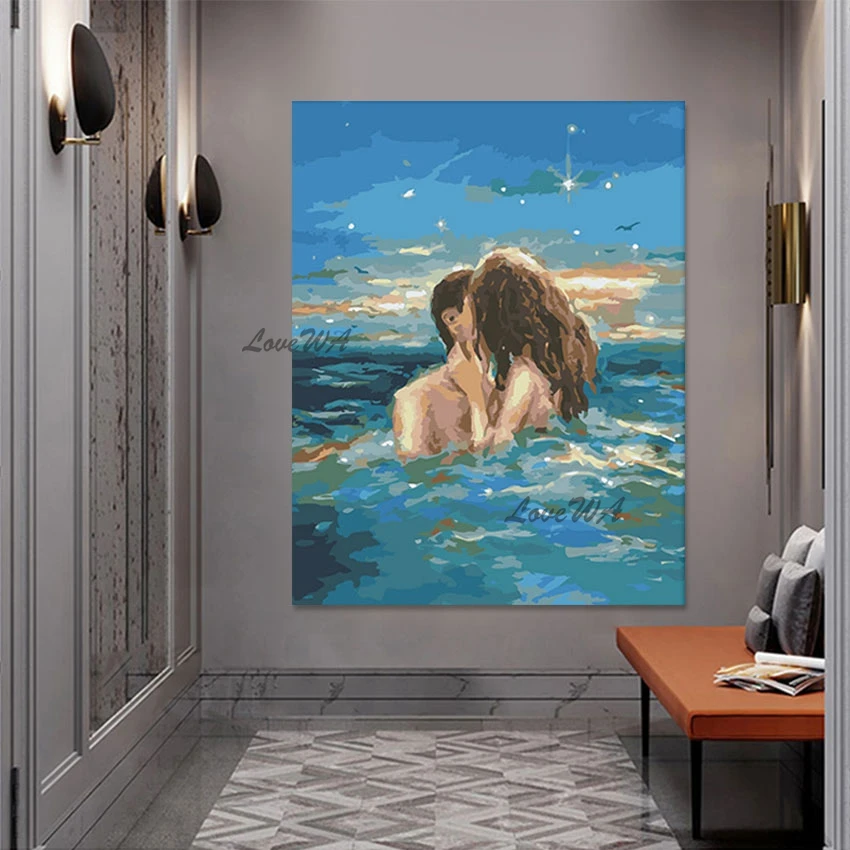 High Quality Canvas Art Picture Modern Wall Mural Frameless Acrylic Decorative Items,Abstract Hand Painted Sea Couple Kiss