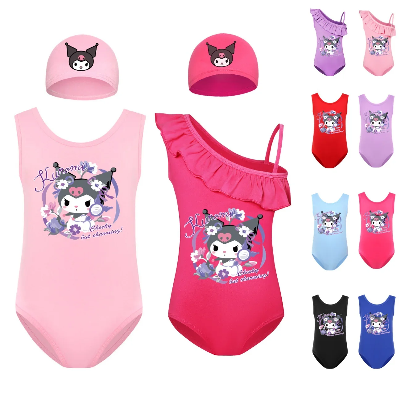 

Kuromi Girls Swimsuit Children Summer Sleeveless Swimming Swimwear Kids One Piece BeachWear with Cap 2pcs Sets Toddler3246