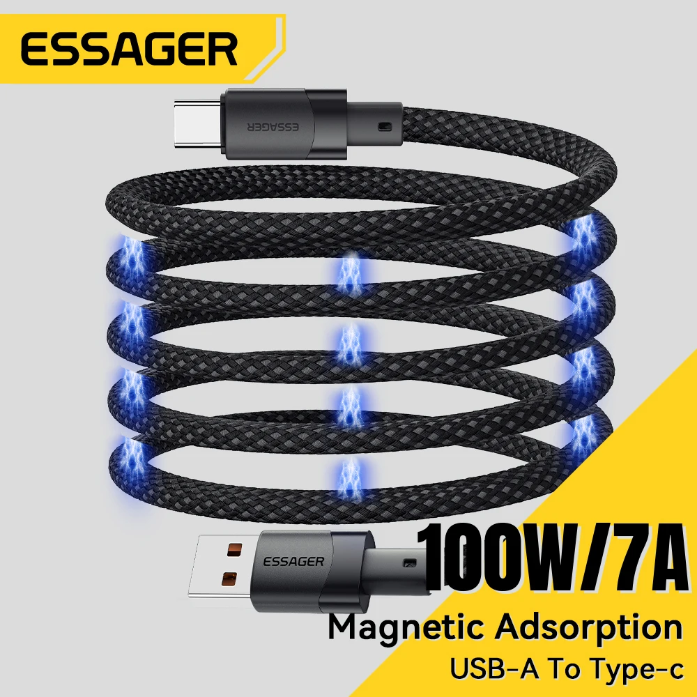 Essager-Cable de carga rápida 7A USB A tipo C, 100W, succión magnética, Cable de datos antibobinado para Samsung OPPO Onplus Realme