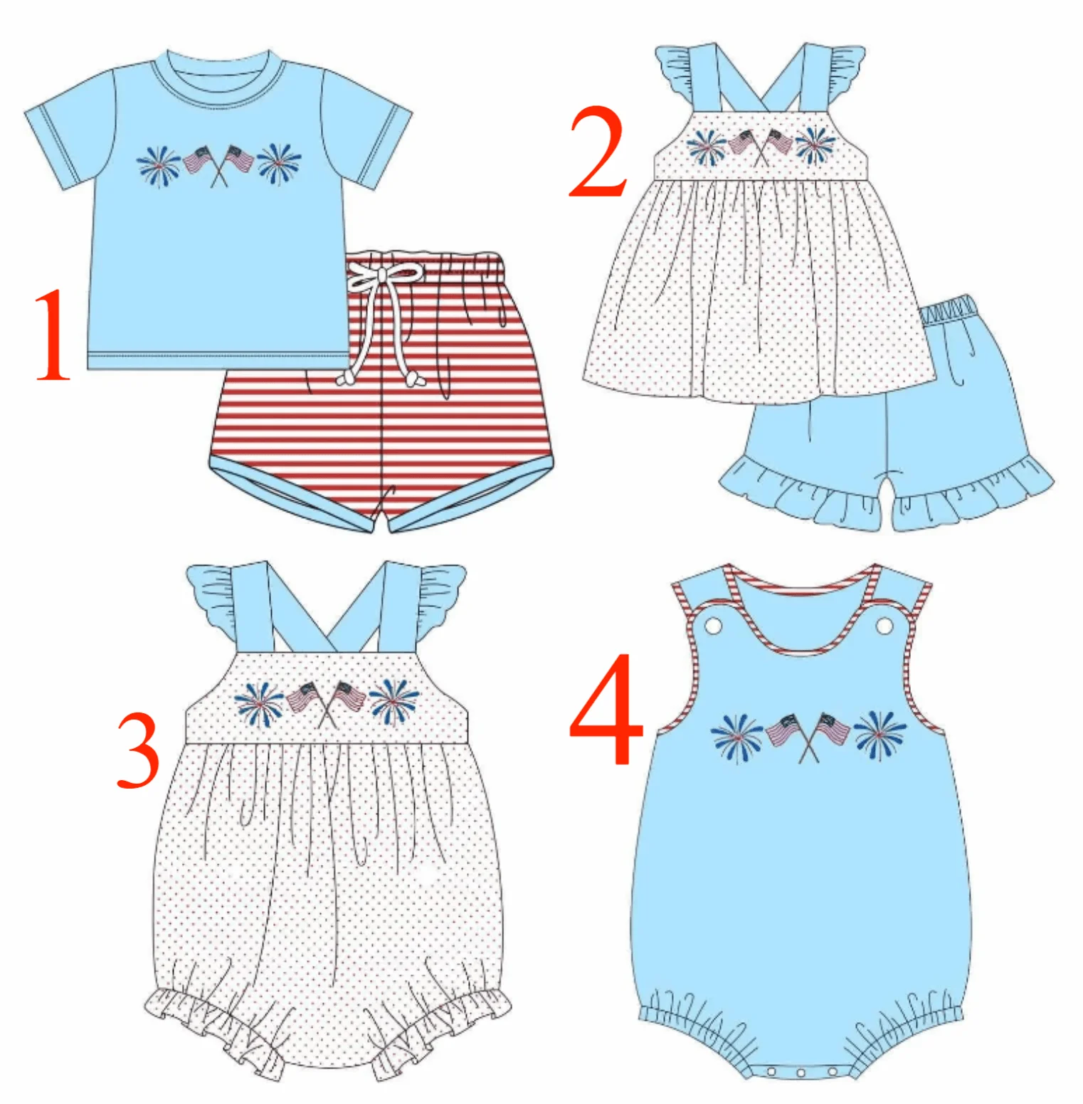 

July 4th Boutique Children's Suit Pearl Flag Firework Print Shorts Lace Girls Boy Shorts Set Baby Romper Dress