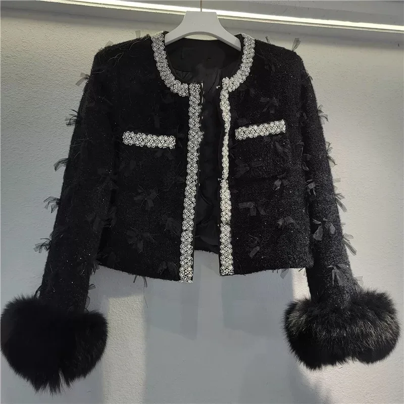 [oein] Industria pesante Giù Canotta interna Cappotto corto Donna Inverno Nuovo stile mondana di fascia alta Paillettes di perle Piccolo