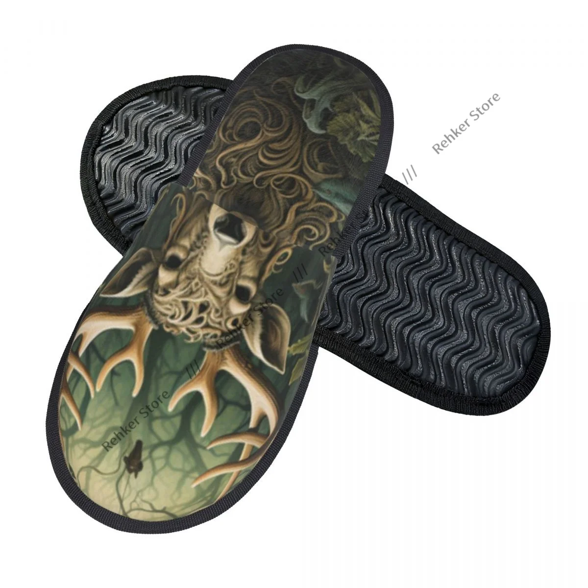 Winter Warm Women Men Plush Flat Indoor Slippers Deer In The Forest Furry Home Non-slip Shoes