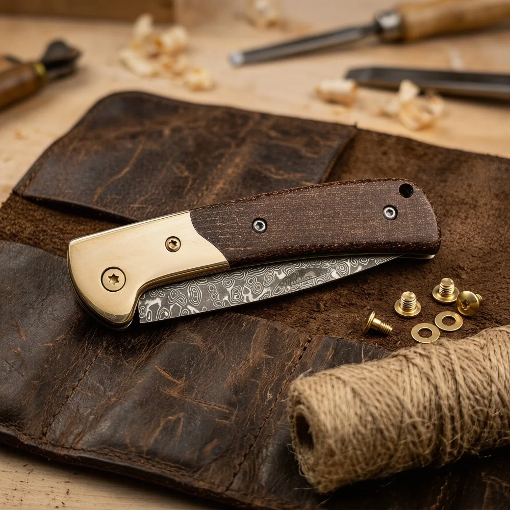 Outdoor Folding Knife Exquisite Pocket Knife Damascus Steel Blade Brass + Micarta Handle Fishing Hunting Knives Cutting Tool view 4