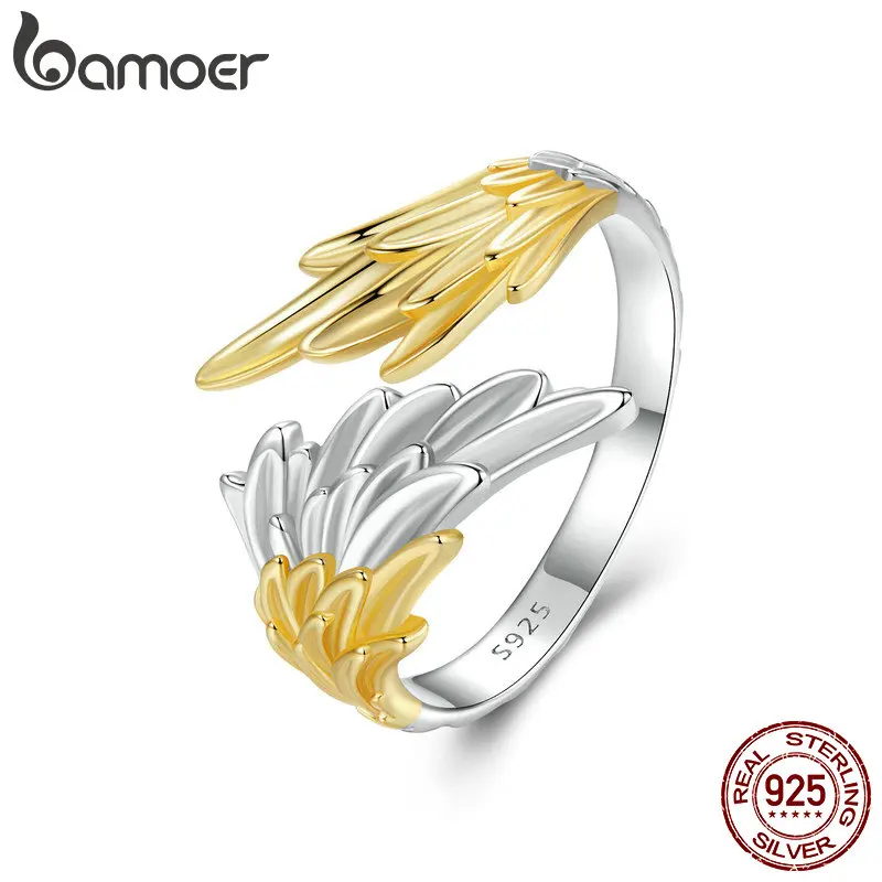 BAMOER 925 Sterling Silver 14K Gold Plated Angel Wing Ring White Gold Plated Adjustable Ring for Women Fine Jewelry Gift